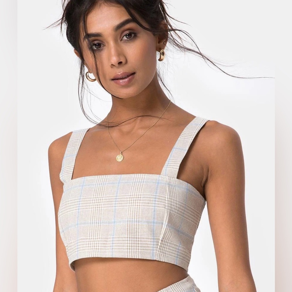NWT MOTEL ROCKS KAIRA TOP TONAL COTTON PLAID ALMOND, SIZE SMALL